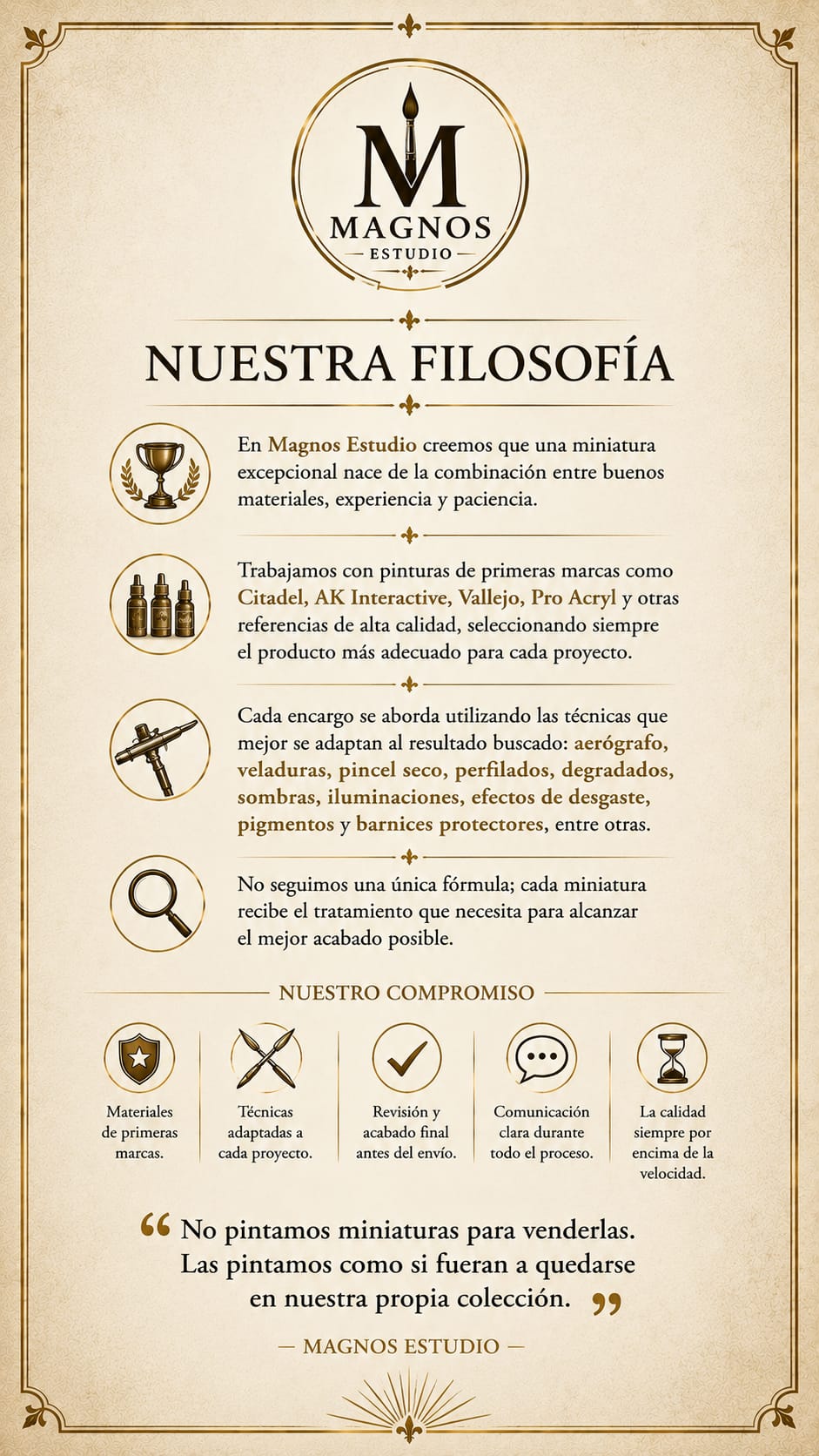 Infografía sobre materiales, técnicas y compromiso del estudio